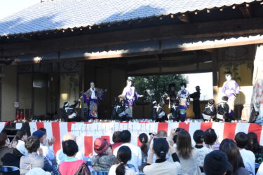 「弁天娘女男白波」を力強く踊る子どもたち=岡山県津山市で