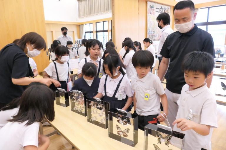 興味津々な様子で小枝さんのコレクションを観察する３年生