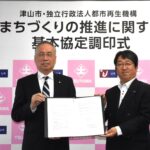 協定書を交わした谷口市長と高原支社長=岡山県津山市で