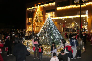 地域住民らでにぎわうイルミネーションに彩られた校内=岡山県津山市で