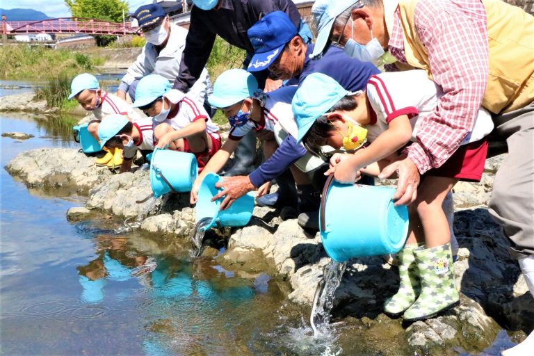 明星幼稚園児がウナギ放流