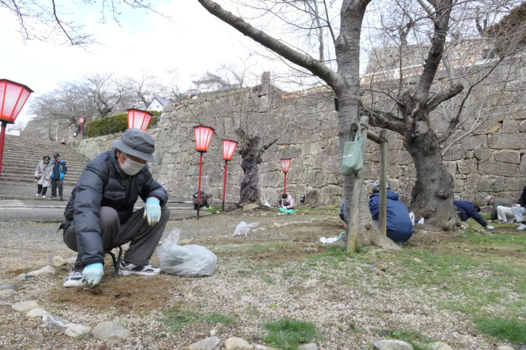 園内をきれいに掃除する老連津山支部の会員たち