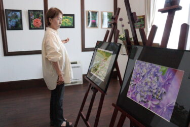 情緒豊かな数々の作品に見入る来場者＝岡山県津山市で