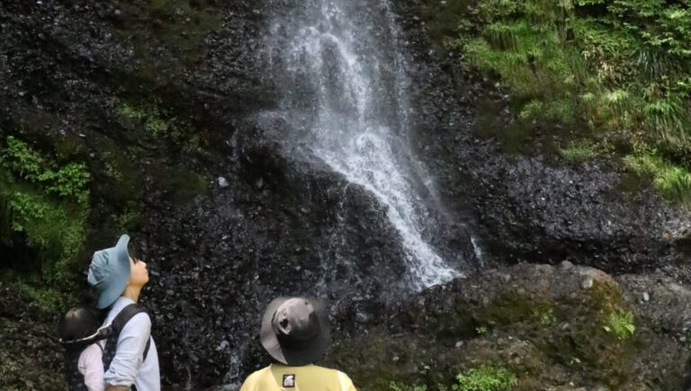 塩滝を見物する家族連れ=岡山県真庭市で