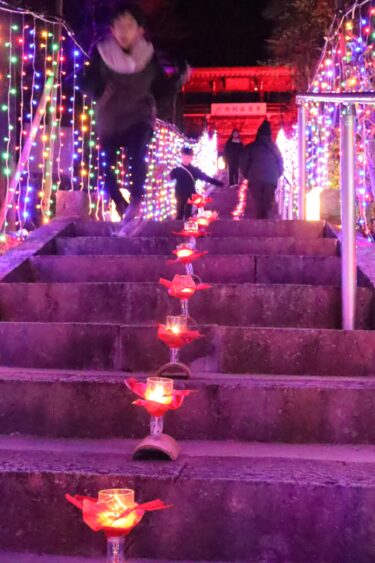 石段を幻想的に彩るランプとLEDライト=岡山県津山市で