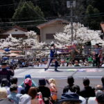 満開の桜並木を背に開かれたがいせん桜プロレス＝岡山県新庄村で