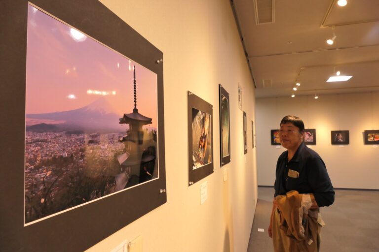 多彩な力作に見入る来場者=岡山県津山市で