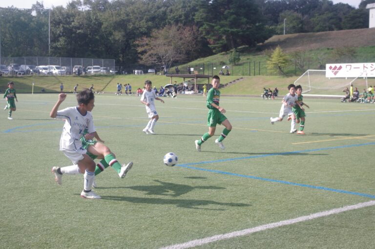 熱戦を繰り広げる少年サッカーの選手たち＝岡山県津山市で