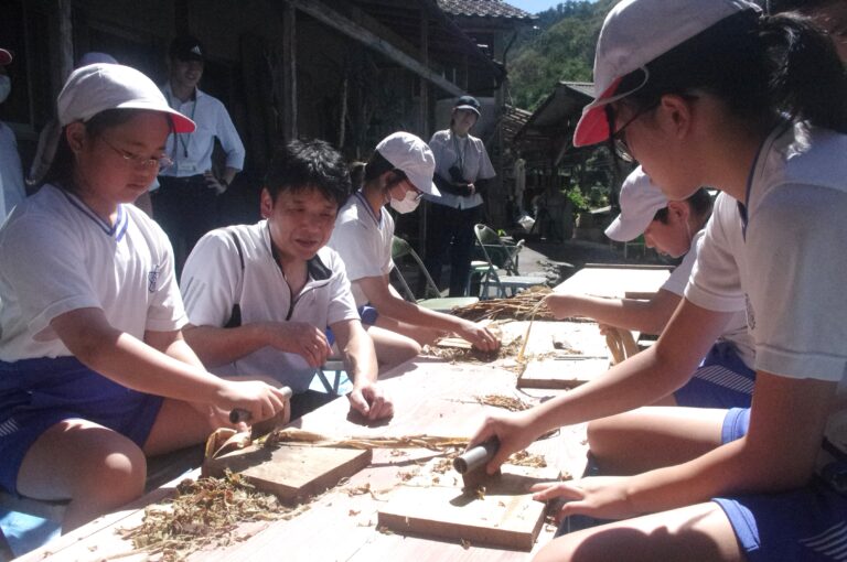 上田さんに教わりながらミツマタをへぐる子どもたち=岡山県津山市で