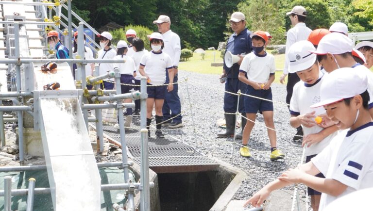 日植総合研究圃場の実証設備を見学する児童たち＝岡山県津山市で