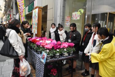 笑顔で接客に励む生徒たち=岡山県津山市で