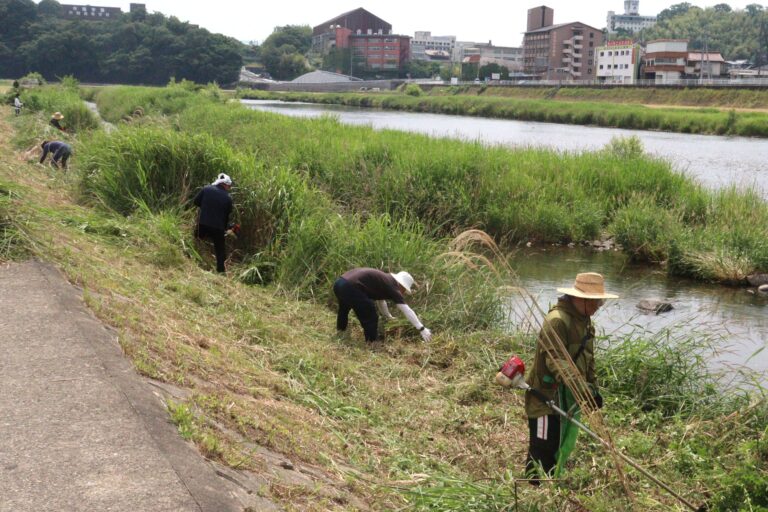 まつり会場の吉井川河川敷の草刈りをする津山納涼ごんごまつり実行委