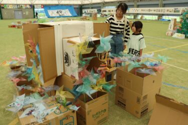 中学生たちが制作した風車のオブジェクト=岡山県鏡野町で