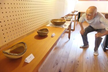 展示スペースに並ぶデービットさんの意欲作=岡山県奈義町で