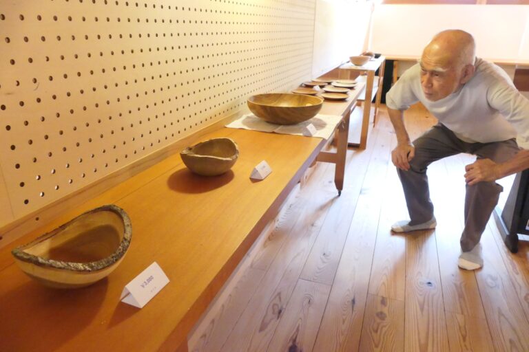 展示スペースに並ぶデービットさんの意欲作=岡山県奈義町で