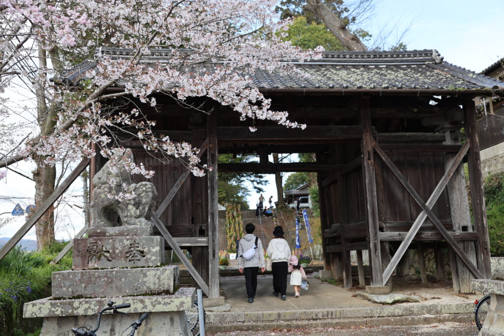 桜に包まれた高野神社の門をくぐり、春祭へと向かう家族連れ