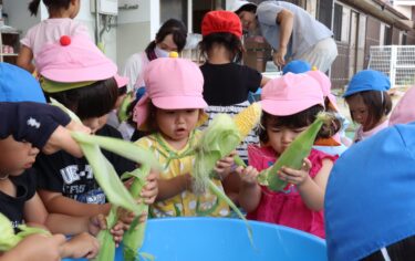 岡山県勝田郡奈義町から奈義保育園（豊沢）にトウモロコシ70本を贈呈