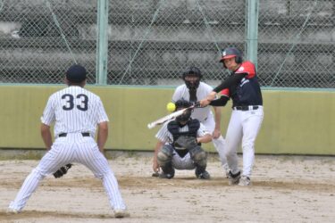 白熱した試合を繰り広げる選手たち（アポロー坂本建設）=岡山県津山市で