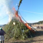 とんど祭りで勢いよく燃え上がる青竹の束=岡山県津山市で