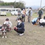 訪れた人たちとふれあう保護犬たち=岡山県津山市で