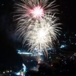 湯郷温泉街を彩る打ち上げ花火=岡山県美作市で