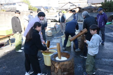 元気よくきねを振るう子どもたち=岡山県津山市で