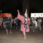 ユニークな所作で会場を沸かせる変装踊り「てんこ」＝岡山県真庭市で