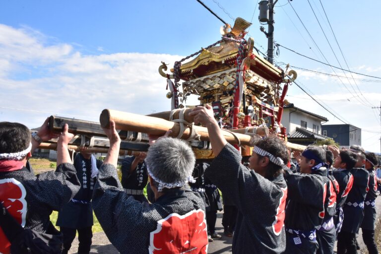 威勢よく練り歩くみこし=岡山県津山市で