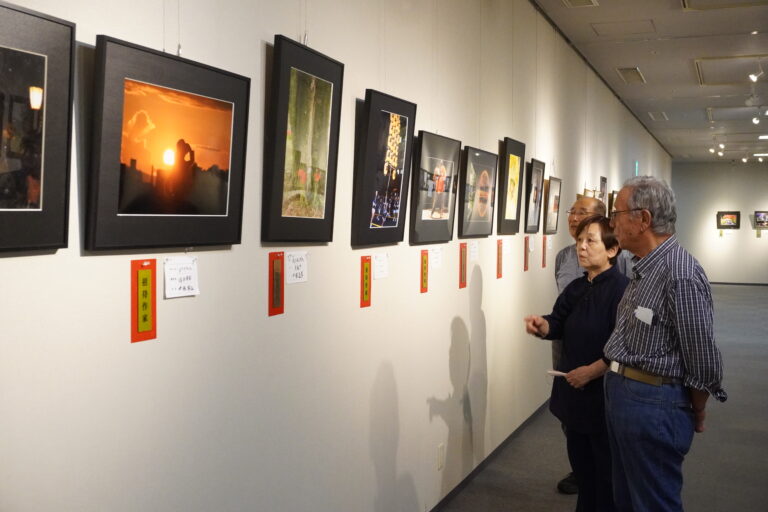 多彩な作品に見入る愛好家=岡山県津山市で