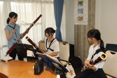 廣幡さんから奏法を教わる参加者=岡山県津山市で