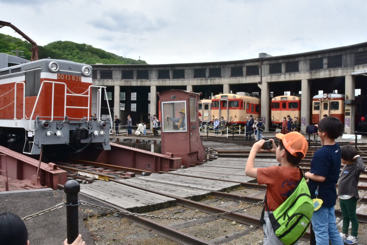 転車台の回転実演風景を写真に収める来館者=岡山県津山市で