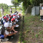 サイフォンの原理を活用した用水路の説明を聞く4年生