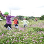 レンゲの花畑で元気に遊ぶ子どもたち