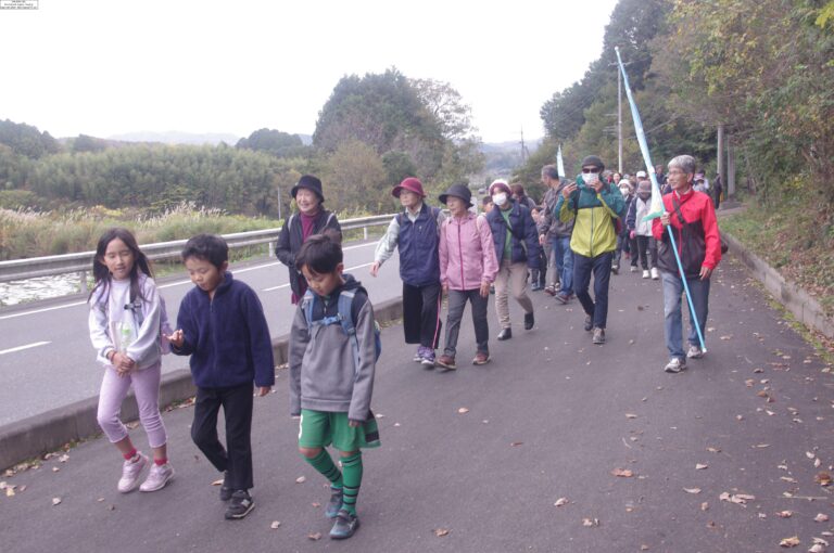 大倭地区を歩きながら知識を深める住民たち=岡山県津山市で