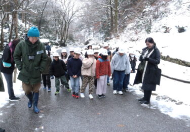 サルがいた痕跡を探す児童ら=岡山県真庭市で