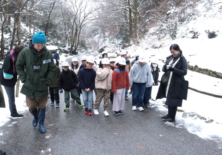 サルがいた痕跡を探す児童ら=岡山県真庭市で