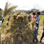 わらぐろづくりに挑戦する学生と子どもたち＝岡山・津山市で