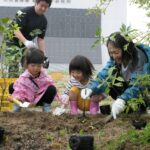 木の苗を植えていく子どもら