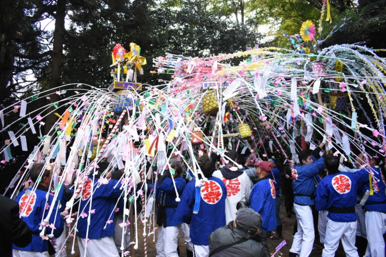 花をぶつけ合う男衆=岡山県津山市で