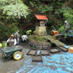 神社周辺を掃除する参加者
