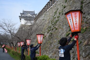 手際よくぼんぼりを設置する観光協会職員=岡山県津山市で