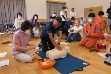 救命活動の訓練に取り組む参加者＝岡山県津山市で