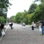 清掃に励む中堅・若手専門委員会のメンバー＝岡山県津山市、中山神社で