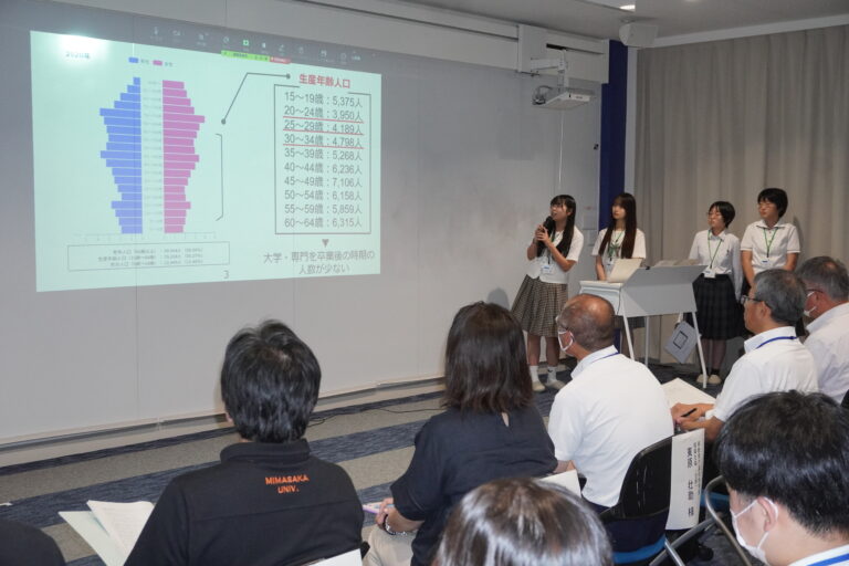 地域創生学の成果を発表する生徒たち=岡山県津山市で