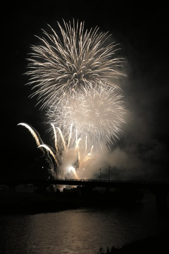 夜空と川面を彩る大輪の花火