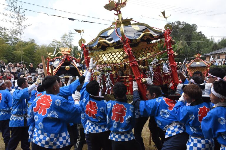 勇壮に練るきらびやかな神輿=岡山県津山市で