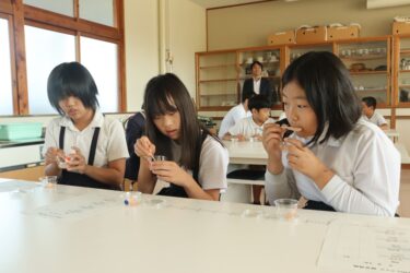 プラントベースでできたハムの試食をする児童=岡山県津山市で