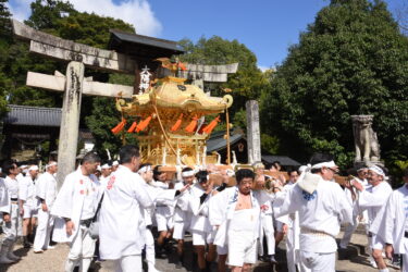 大隅神社を出発した大みこし=岡山県津山市で