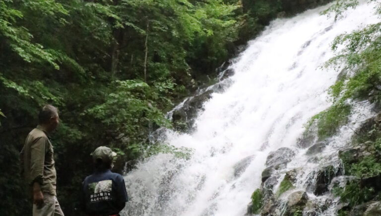 増水した布滝を見物する人たち=岡山県津山市で