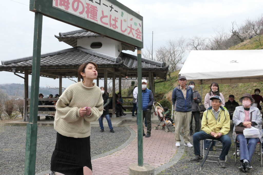 梅の種を飛ばす参加者=岡山県津山市で